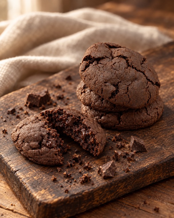 A stack of double chocolate cookies, one broken open